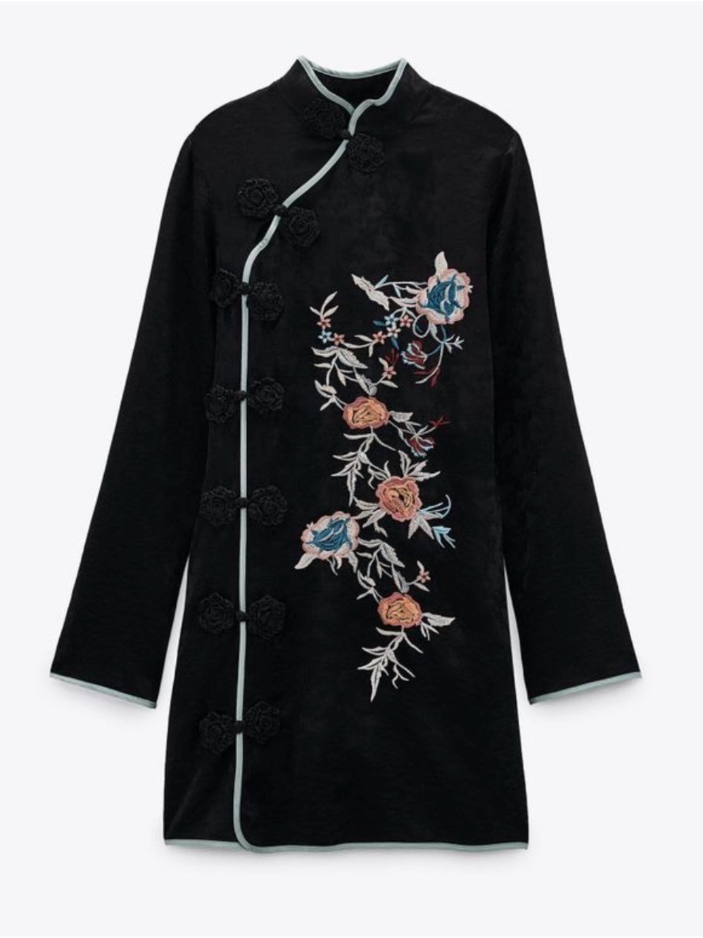 Zara mini dress.Black Oriental Style Mini Dress with Embroidered Flowers